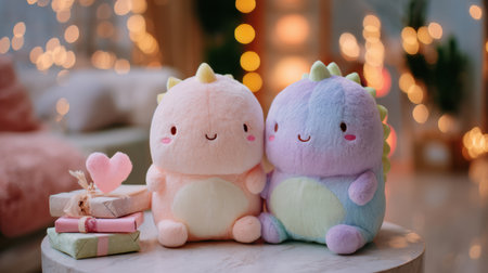 Plush dinosaur sits next to envelope with a fluffy heart seal, surrounded by warm bokeh lights, dreamy and cozy kawaii sceneの素材