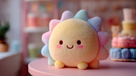 Kawaii sun plushie with a sweet smiling face, surrounded by fluffy cotton-like clouds and dreamy candy-colored lightの素材