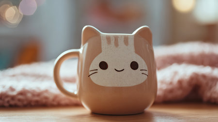 Ceramic mug with a sleepy kawaii cat face on a soft knitted blanket with warm golden bokeh lights glowing in the backgroundの素材