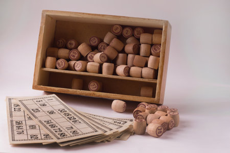 barrels with lotto and game cards on a light background. bingoの写真素材