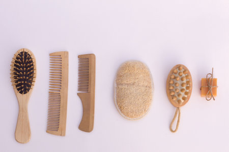 zero waste. bathroom accessories, natural sisal brush, wooden comb, handmade soap.の写真素材