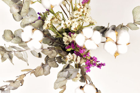 Flower arrangement, background. A bouquet of dried and canned cotton and lagurus flowers. View from above.の写真素材