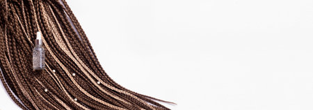 Banner. Thin brown African braids and a jar of care oil on a white background. Hair close-up,...