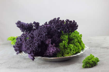 green and purple curly kale cabbage on gray background.の写真素材