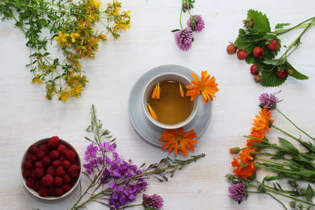 Herbal tea from calendula in a white cup on a wooden table with medicinal herbs and flowersの写真素材