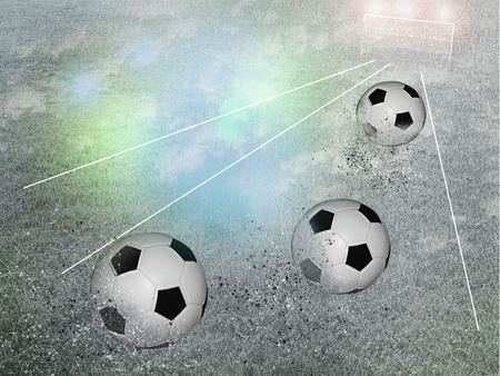 Soccer balls flying towards the gate. Beautiful pattern with a soft focus and a copy space for text.の写真素材