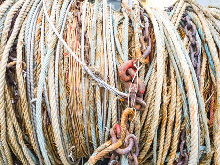 Industrial ropes for fishing in reels on the quay