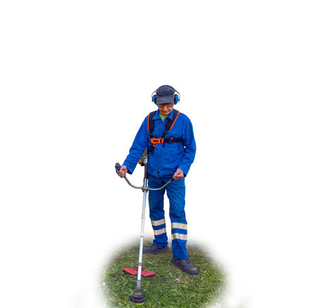 Gardener worker with trimmer isolated on white background.