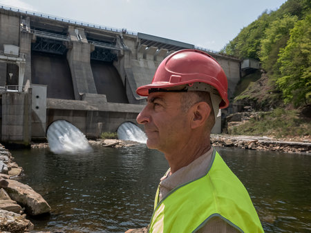 Portrait of an aging worker in a helmet against the backdrop of hydroelectric turbinesの写真素材