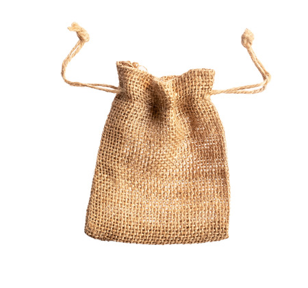A small bag of burlap with ties isolatedの写真素材