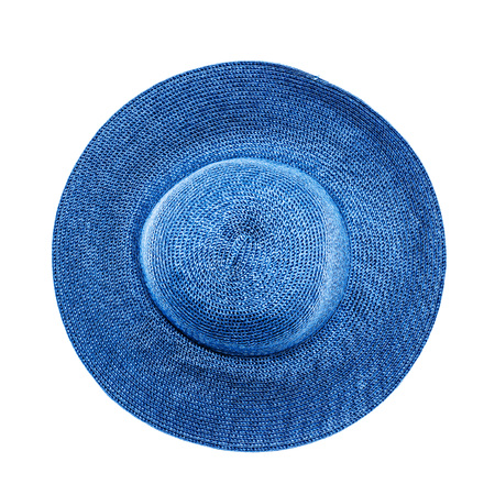 Blue woman straw hat isolated on white background top view.の写真素材