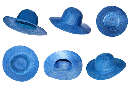 Set of six blue woman straw hat isolated on white backgroundの写真素材