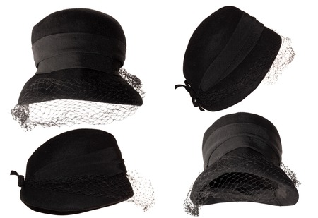 Set of stylish woman retro hat with black decorative mesh. Side viewの写真素材