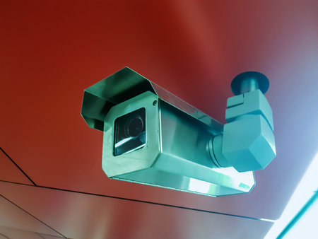 Security camera CCTV video surveillance. Videcam on red ceiling backgroung