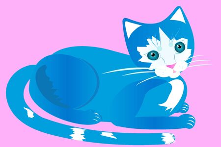 Blue cat with big eyes on a pink background. Flat vector illustration. Cute picture for a children's book, drawing,のイラスト素材
