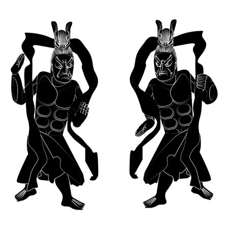 Two samurai warriors. Black silhouettes with simple detail on a white background.のイラスト素材