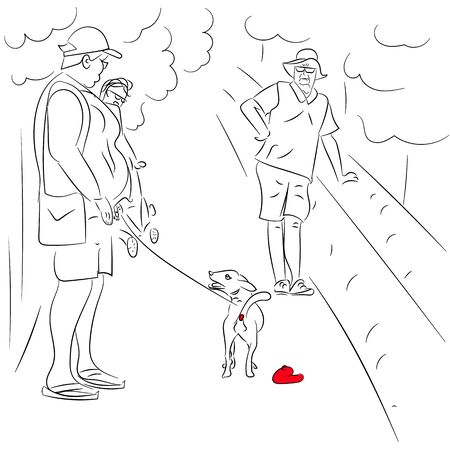 Illustration of a scene from urban life. A dog on a leash pooping in the center of the street in front of passers-by.のイラスト素材