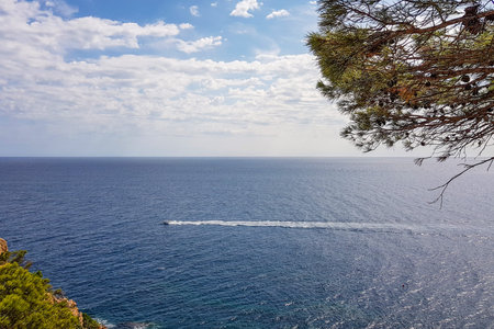 View of the boat on the sea surface from a high shore