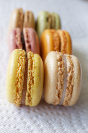Different kinds of traditional colorful french macaroons