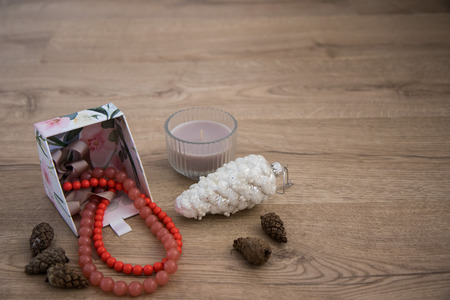 New Year, Christmas, holiday, Objects for gifts. packages and gifts for the new year.  New Year's gift, accessories,pine conesの写真素材