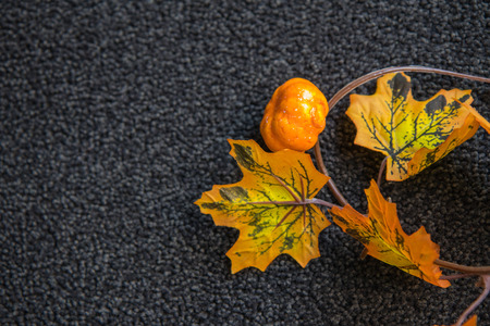 pumpkins and autumn maple leaves on the dark backgroundの写真素材
