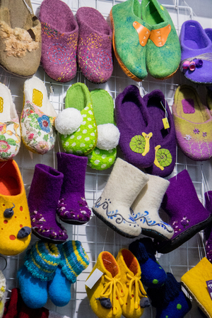 Valenki- Traditional russian colorful felt boots on trade counterの写真素材