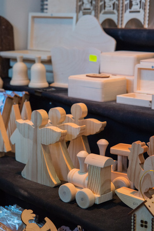 Unfinished, solid wood toy are ready for you to paint, stain, or decorate.の写真素材