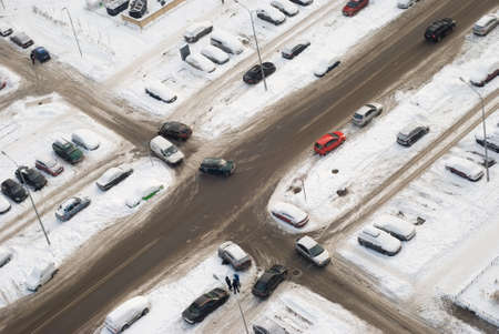The winter crossroad in the residential areaの写真素材