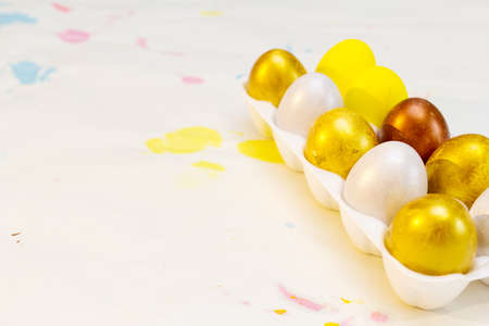 easter eggs, Easter Greeting card. Place to copy. Preparing for Easter. painting eggs. Perfect colorful handmade easter eggsの写真素材