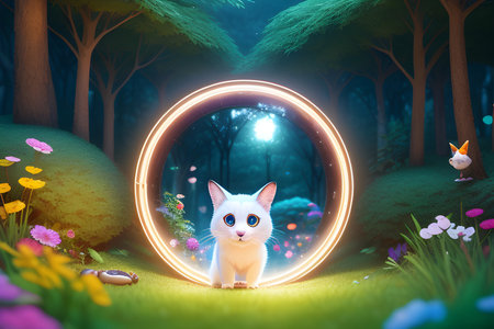 white kitten peeks out of the portal to a magical land. generative aiの素材