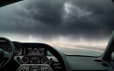 dark clouds and fog view from the car. generative aiの素材