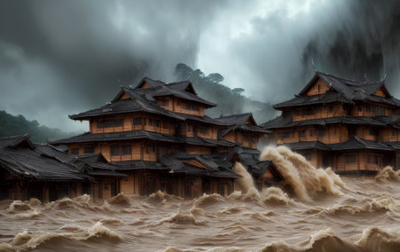 flooded Chinese houses under dark clouds. generative aiの素材