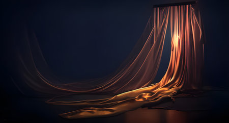 transparent curtain falls on the floor in the dark with copy space. generative aiの素材