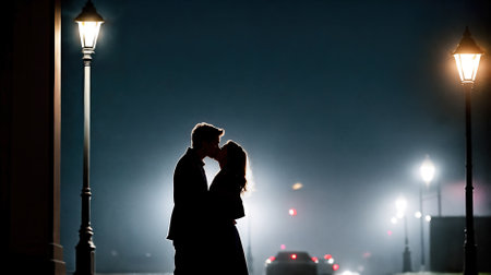 silhouette of a kissing couple on the background of the night cityの素材