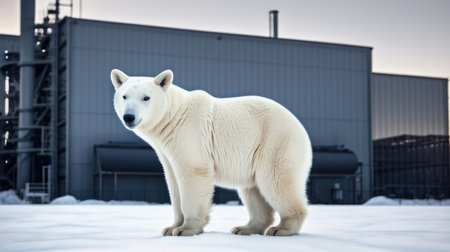 white polar bear in front of an industrial factory. generative aiの素材