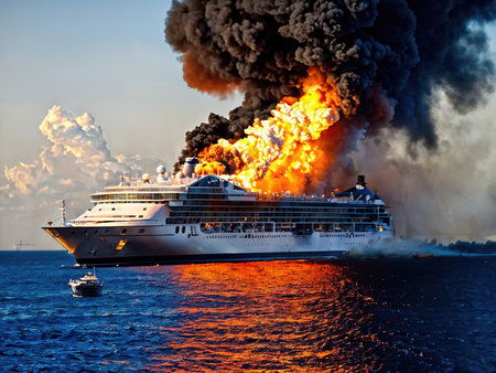 cruise ship burning in the oceanの素材