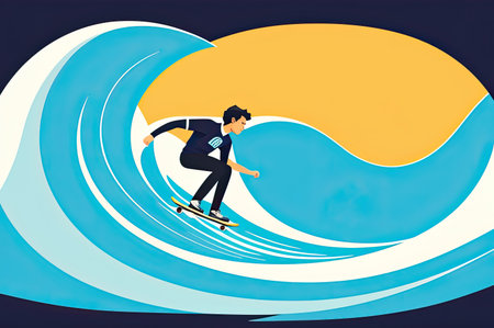 flat illustration of abstract surfer on the wavesの素材