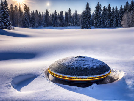 snow-covered UFO in the winter forestの素材