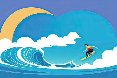 flat illustration of abstract surfer on the wavesの素材