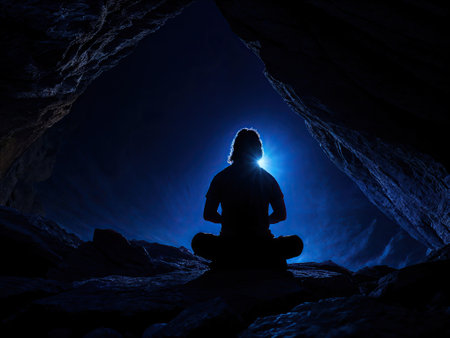 silhouette of a meditating man in a caveの素材