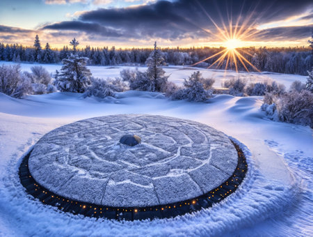 snow-covered UFO in the winter fieldの素材
