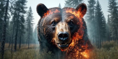 brown bear with a flaming head and fire coming out of its mouth. It is standing in a forest with trees and grass.の素材