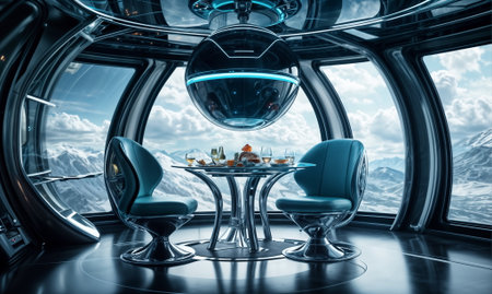 futuristic round glass dining room with a mountain view, a table with wine glasses, and two chairs.の素材