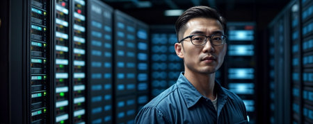 portrait of a serious Asian man with glasses in a server roomの素材