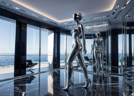 Woman in a room with a view of the ocean. She is walking and wearing a silver dress.の素材