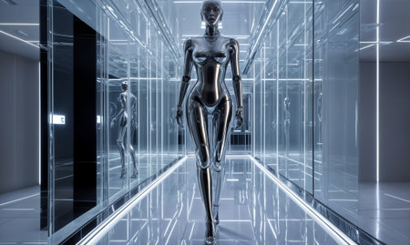 humanoid robot walking in a futuristic room with a transparent floor and walls.の素材