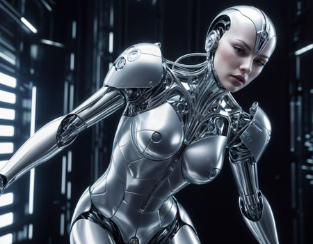 humanoid robot in a silver suit. It has a human-like body with a head, neck, torso, arms, and legs. It also has a silver helmet and silver armor. The robot is standing in a room with a green light.の素材