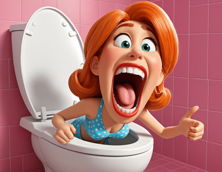 cheerful cartoon woman with red hair is smiling with her mouth wide open and giving a thumbs up, all while sticking her head inside of a toilet bowl.の素材