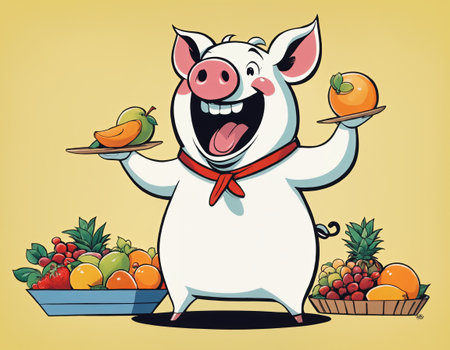 cheerful cartoon pig with a big smile, holding trays with fruits. The pig is standing in front of two baskets full of fresh fruits like oranges, mango, pineapple, and grapes.の素材