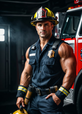 determined firefighter stands in front of a fire truck, his helmet and uniform signifying his readiness to face any emergencyの素材